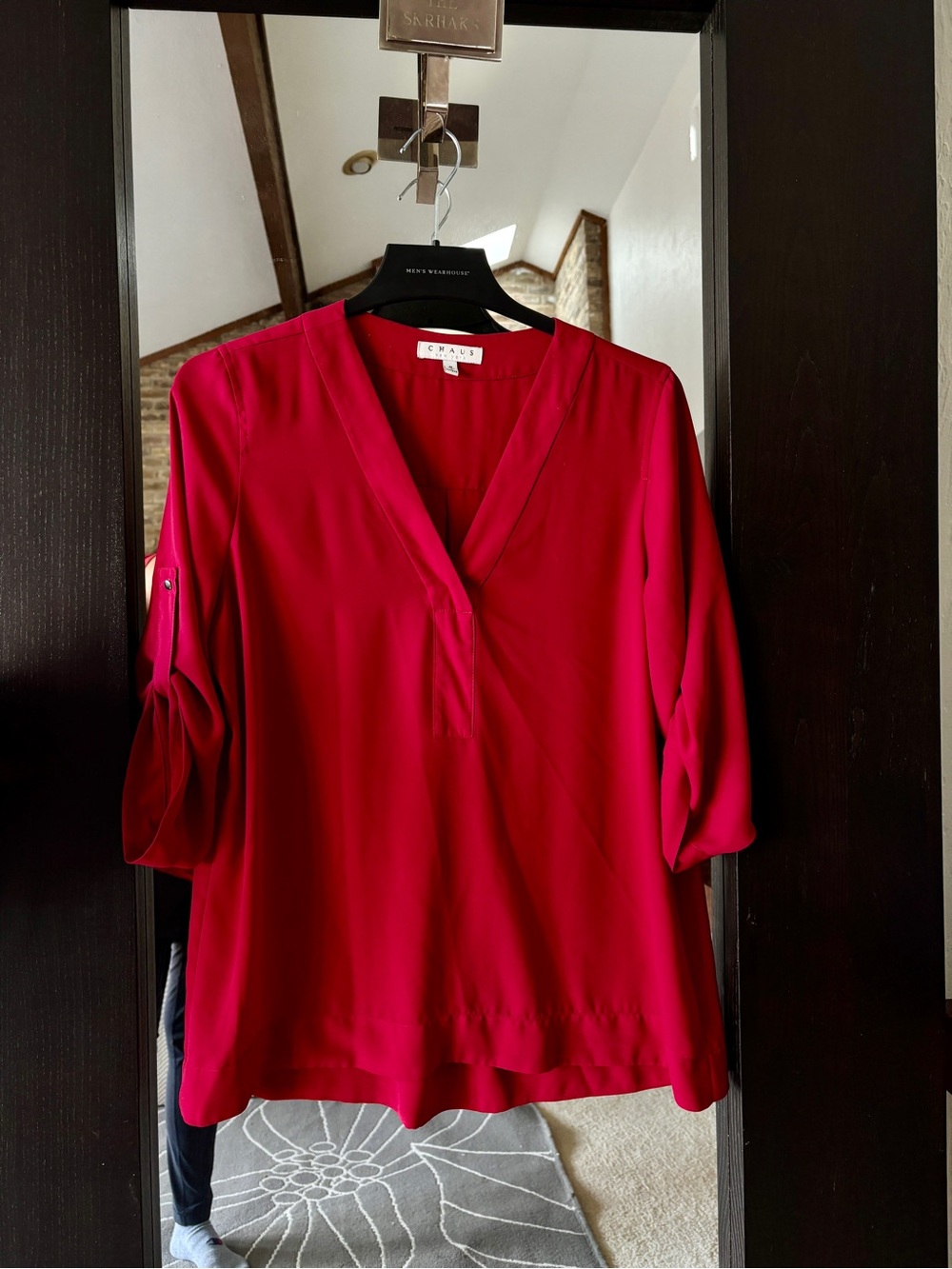 Chaus New York Red V-Neck Roll-Tab Loose Fit Blouse - Picture 7 of 7